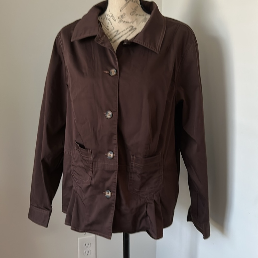 Casual Stretchy Utility Jacket Brown Button closure Cinched Accents Susan Graver - Picture 2 of 11